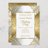 金ゴールドエレガントホワイトパールシルバーバースデーパーティー 招待状 (正面/裏面)