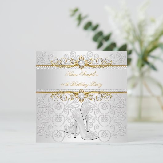 金ゴールドエレガントホワイトパールダイヤモンドハイヒールパーティー2 招待状 (スタンド正面)