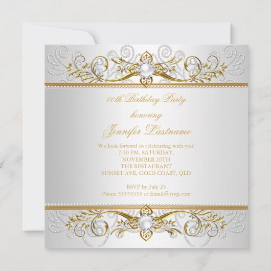 金ゴールドエレガントホワイトパールダイヤモンドハイヒールパーティー2 招待状 (裏面)