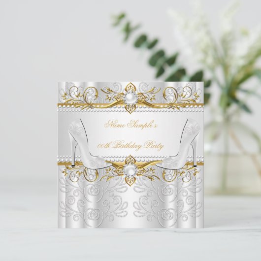 金ゴールドエレガントホワイトパールダイヤモンドハイヒールパーティー 招待状 (スタンド正面)