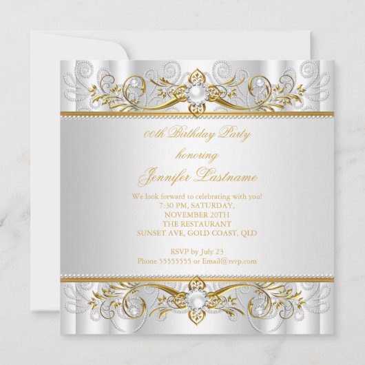 金ゴールドエレガントホワイトパールダイヤモンドハイヒールパーティー 招待状 (裏面)