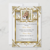 金ゴールドエレガントホワイトパールダマスクフォト誕生日4a 招待状 (正面)