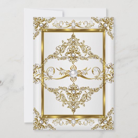 金ゴールドエレガントホワイトパールダマスクフォト誕生日4a 招待状 (裏面)