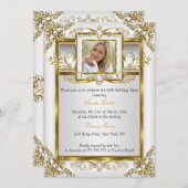 金ゴールドエレガントホワイトパールダマスクフォト誕生日4a 招待状 (正面/裏面)