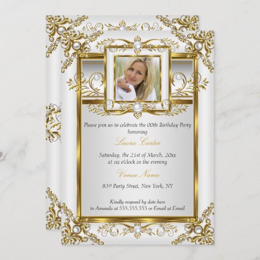 金ゴールドエレガントホワイトパールダマスクフォト誕生日4a 招待状 (正面/裏面)