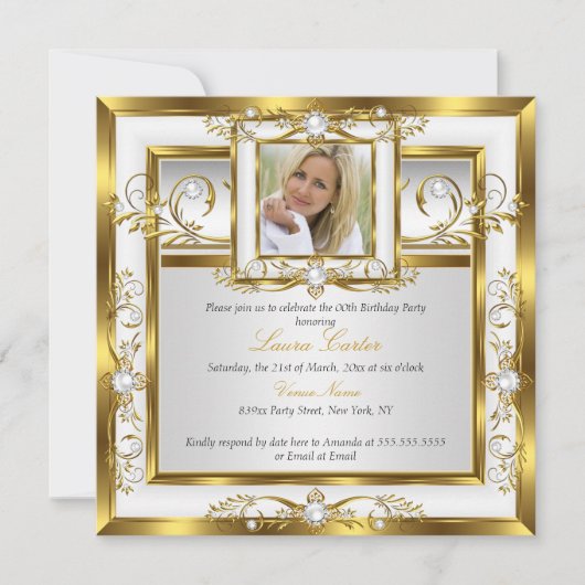 金ゴールドエレガントホワイトパールフォトバースデーパーティー2 招待状 (正面)