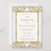 金ゴールドエレガントホワイトパールフォトバースデーパーティー 招待状 (正面)