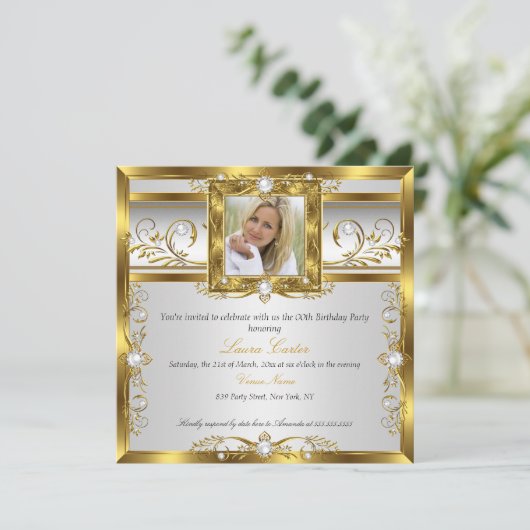 金ゴールドエレガントホワイトパールフォトバースデーパーティー 招待状 (スタンド正面)