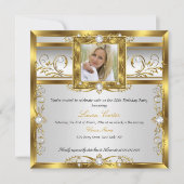 金ゴールドエレガントホワイトパールフォトバースデーパーティー 招待状 (正面)