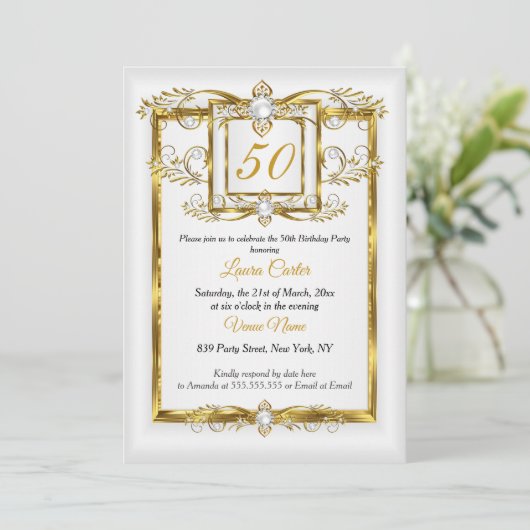 金ゴールドエレガントホワイトパールフォトバースデーパーティー 招待状 (スタンド正面)