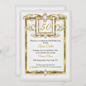 金ゴールドエレガントホワイトパールフォトバースデーパーティー 招待状 (正面/裏面)