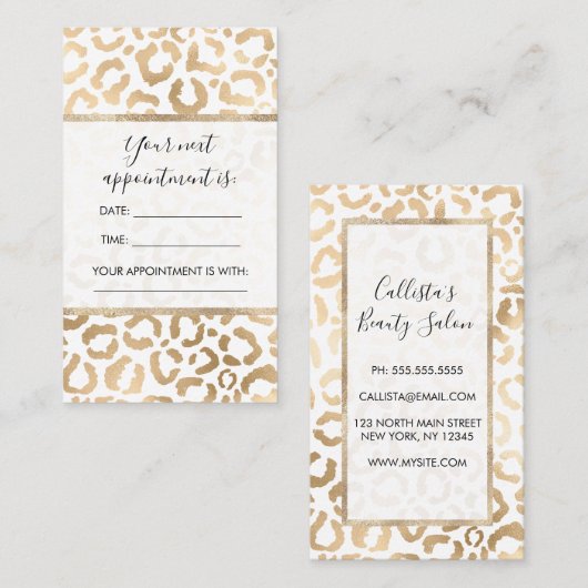 金ゴールドエレガントホワイトヒョウアニマルプリント 予約カード (正面/裏面)