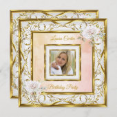 金ゴールドエレガントホワイトピンクローズフォトバースデーパーティー 招待状 (正面/裏面)