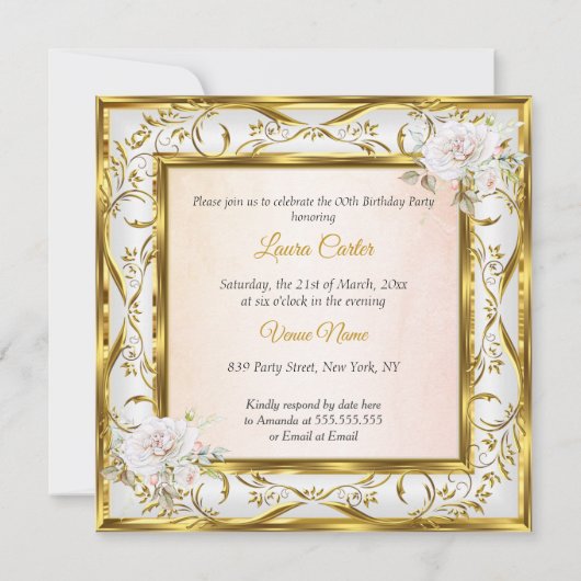 金ゴールドエレガントホワイトピンクローズフォトバースデーパーティー 招待状 (裏面)
