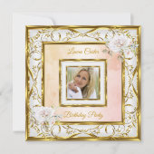 金ゴールドエレガントホワイトピンクローズフォトバースデーパーティー 招待状 (正面)