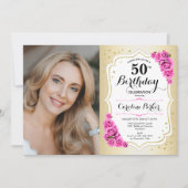 金ゴールドエレガントホワイトピンクローズ写真50誕生日 招待状 (正面)