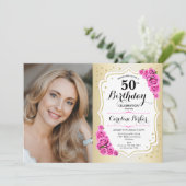 金ゴールドエレガントホワイトピンクローズ写真50誕生日 招待状 (スタンド正面)