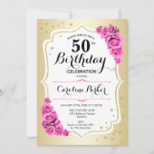 金ゴールドエレガントホワイトピンク写真50誕生日 招待状 (正面)