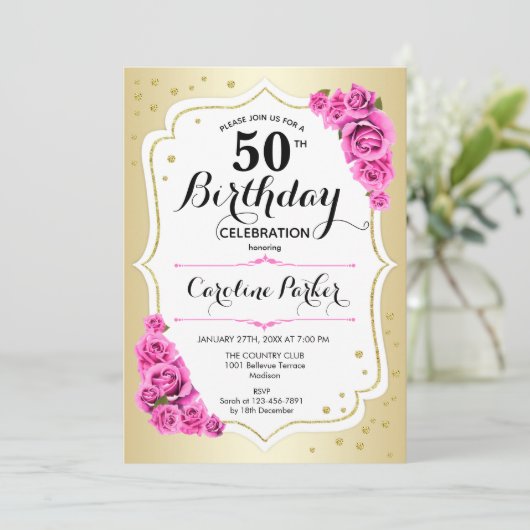 金ゴールドエレガントホワイトピンク写真50誕生日 招待状 (スタンド正面)
