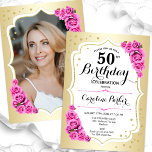 金ゴールドエレガントホワイトピンク写真50誕生日 招待状<br><div class="desc">エレガントフローラ50歳の誕生日の招待状とカードの後ろの写真。グラムデザインフェイク金ゴールド。ピンクのバラ、スクリプトのフォント、紙吹雪が特徴。大人スタイリッシュのお祝いパーティーに最適。独自の詳細でパーソナライズどんなカスタマイズ年でもいい！印刷されたZazzle招待状または即時ダウンロードのデジタル印刷可能なテンプレート。</div>