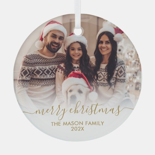金ゴールドエレガントホワイトファミリーフォトメリークリスマス ガラスオーナメント (正面)
