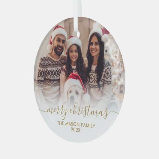 金ゴールドエレガントホワイトファミリーフォトメリークリスマス ガラスオーナメント (正面左)