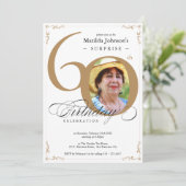 金ゴールドエレガントホワイトフォトサプライズ60誕生日 招待状 (スタンド正面)