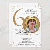 金ゴールドエレガントホワイトフォトサプライズ60誕生日 招待状 (正面/裏面)