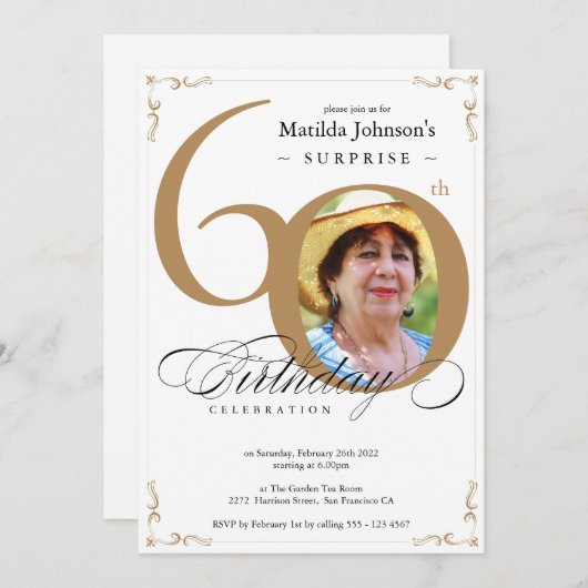 金ゴールドエレガントホワイトフォトサプライズ60誕生日 招待状 (正面/裏面)