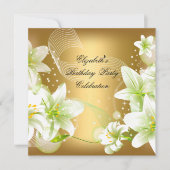 金ゴールドエレガントホワイトフローラ誕生日パーティー 招待状 (正面)