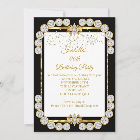 金ゴールドエレガントホワイトブラックダイヤモンドバースデーパーティー 招待状 (正面)