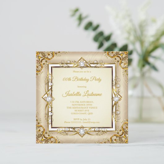 金ゴールドエレガントホワイトベージュパールバースデーパーティー 招待状 (スタンド正面)