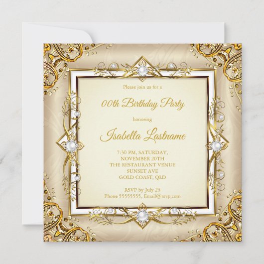 金ゴールドエレガントホワイトベージュパールバースデーパーティー 招待状 (正面)