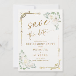 金ゴールドエレガントホワイトリタイアメントパーティー保存日 招待状