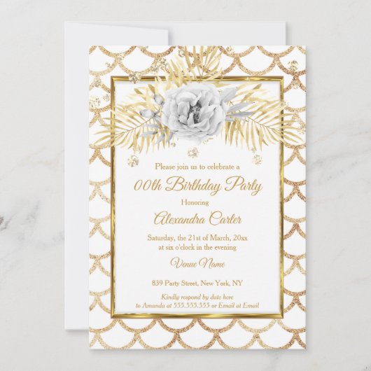 金ゴールドエレガントホワイトローズフローラ誕生会 招待状 (正面)