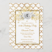 金ゴールドエレガントホワイトローズフローラ誕生会 招待状 (正面/裏面)