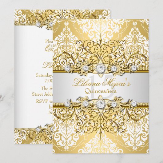 金ゴールドエレガントホワイトヴィンテージグラマーキンセアニェラ4 招待状 (正面/裏面)