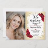 金ゴールドエレガントホワイト赤いバラ写真50誕生日 招待状 (正面)