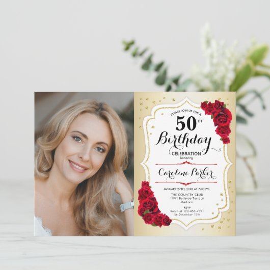 金ゴールドエレガントホワイト赤いバラ写真50誕生日 招待状 (スタンド正面)