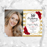 金ゴールドエレガントホワイト赤いバラ写真50誕生日 招待状<br><div class="desc">エレガントフローラ50歳のフェミニン誕生日の招待状と写真。Glam、白と赤のデザインとフェイクグリッター金ゴールド。機能ストライプ、赤いバラ、スクリプトフォントと紙吹雪。大人スタイリッシュのお祝いパーティーに最適。独自の詳細でパーソナライズどんなカスタマイズ年でもいい！印刷されたZazzle招待状または即時ダウンロードのデジタル印刷可能なテンプレート。</div>