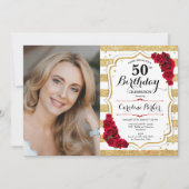 金ゴールドエレガントホワイト赤いバラ写真50誕生日 招待状 (正面)