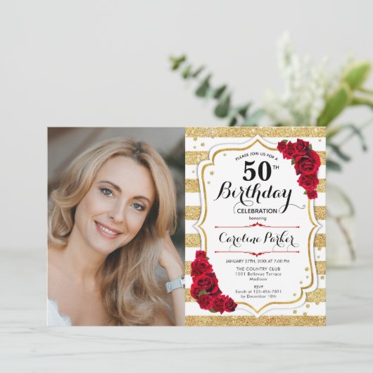 金ゴールドエレガントホワイト赤いバラ写真50誕生日 招待状 (スタンド正面)