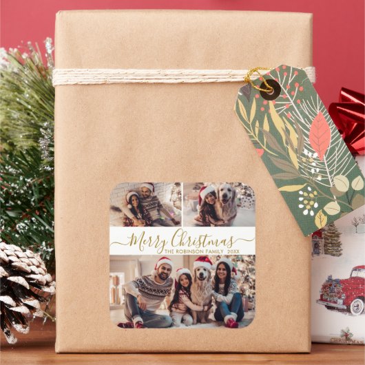 金ゴールドエレガントホワイト3フォトコラージクリスマス スクエアシール (クリスマス)