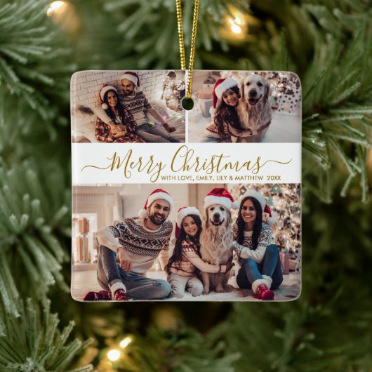 金ゴールドエレガントホワイト3フォトコラージクリスマス セラミックオーナメント (ツリー)