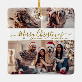 金ゴールドエレガントホワイト3フォトコラージクリスマス セラミックオーナメント