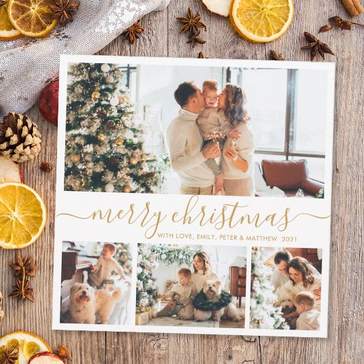 金ゴールドエレガントホワイト4フォトコラージクリスマス シーズンカード