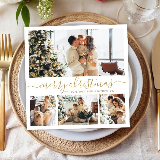 金ゴールドエレガントホワイト4フォトコラージクリスマス シーズンカード