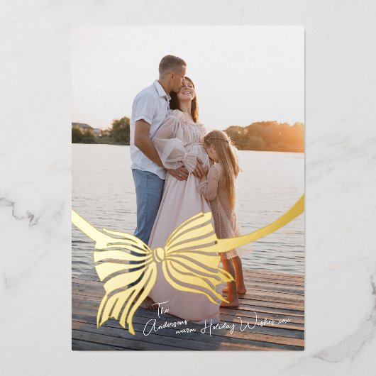 金ゴールドエレガントボウで結ばれたクリスマスフォト 箔シーズンカード (正面)