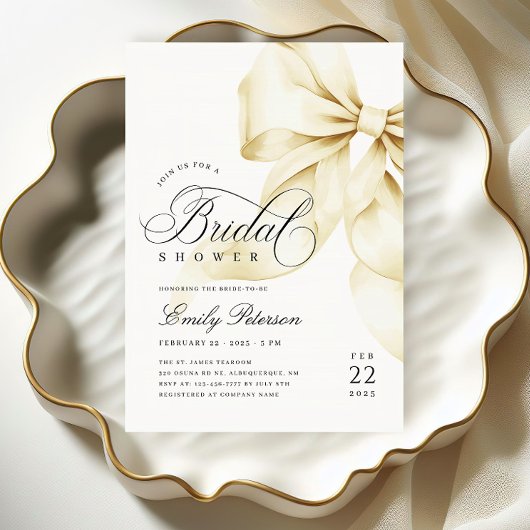 金ゴールドエレガントボウブライダルシャワー招待 招待状