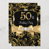 金ゴールドエレガントボウブラックダイヤモンド50th誕生日パーティー 招待状 (正面/裏面)
